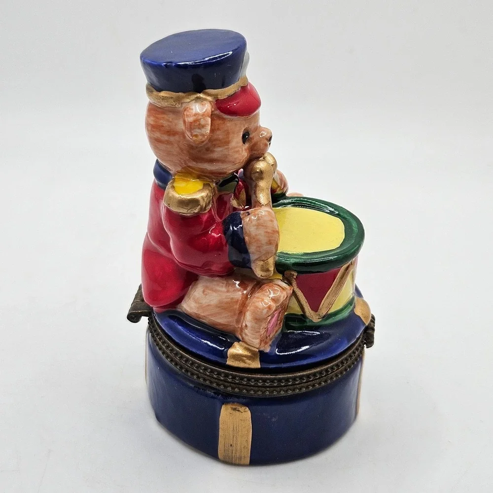 VTG Teddy Bear Drummer Hinged Trinket Box Ceramic Toy Soldier Mini Drum